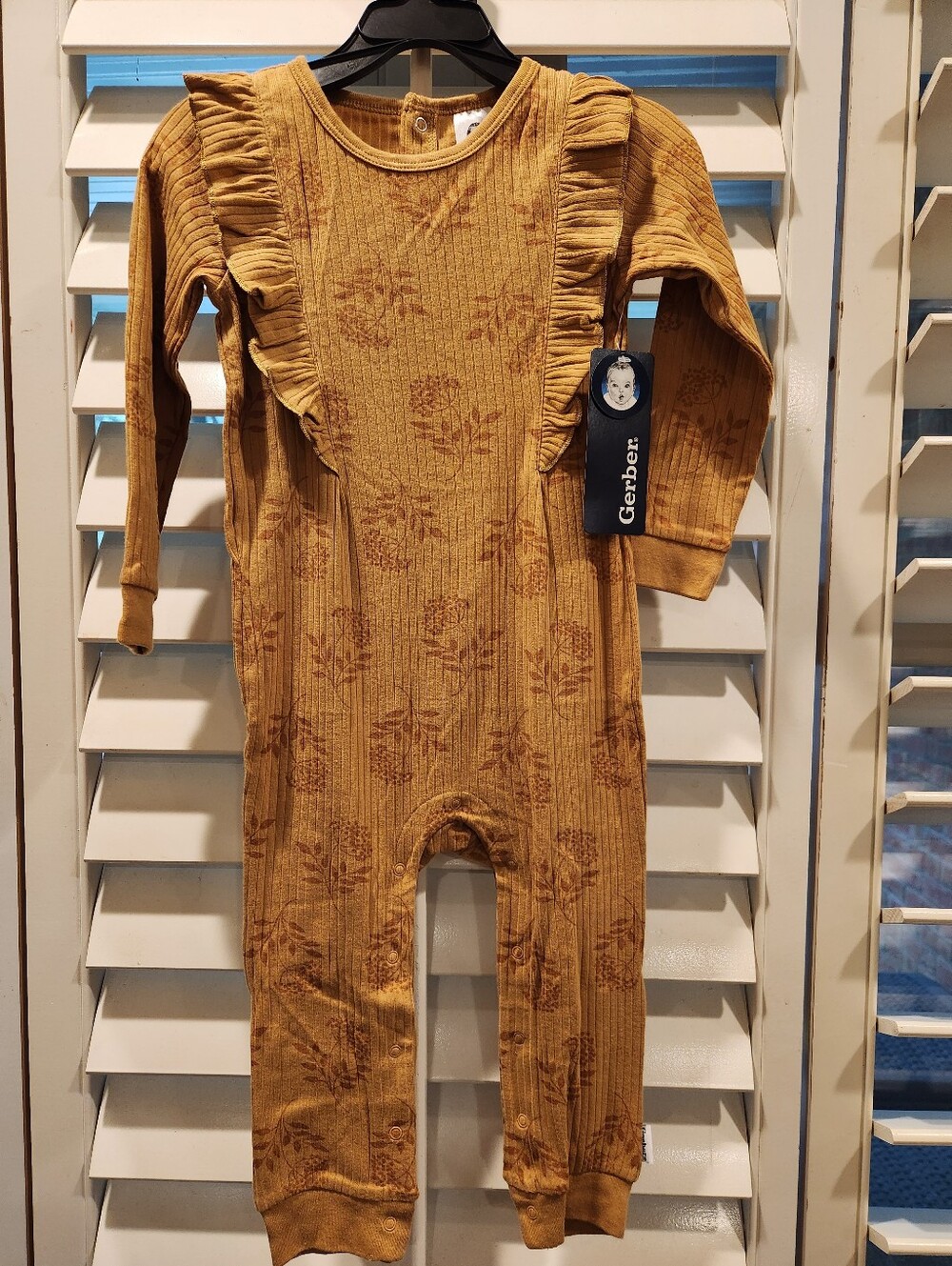 NWT Gerber Mustard Floral Ribbed Baby One-Piece Romper, Size 24M